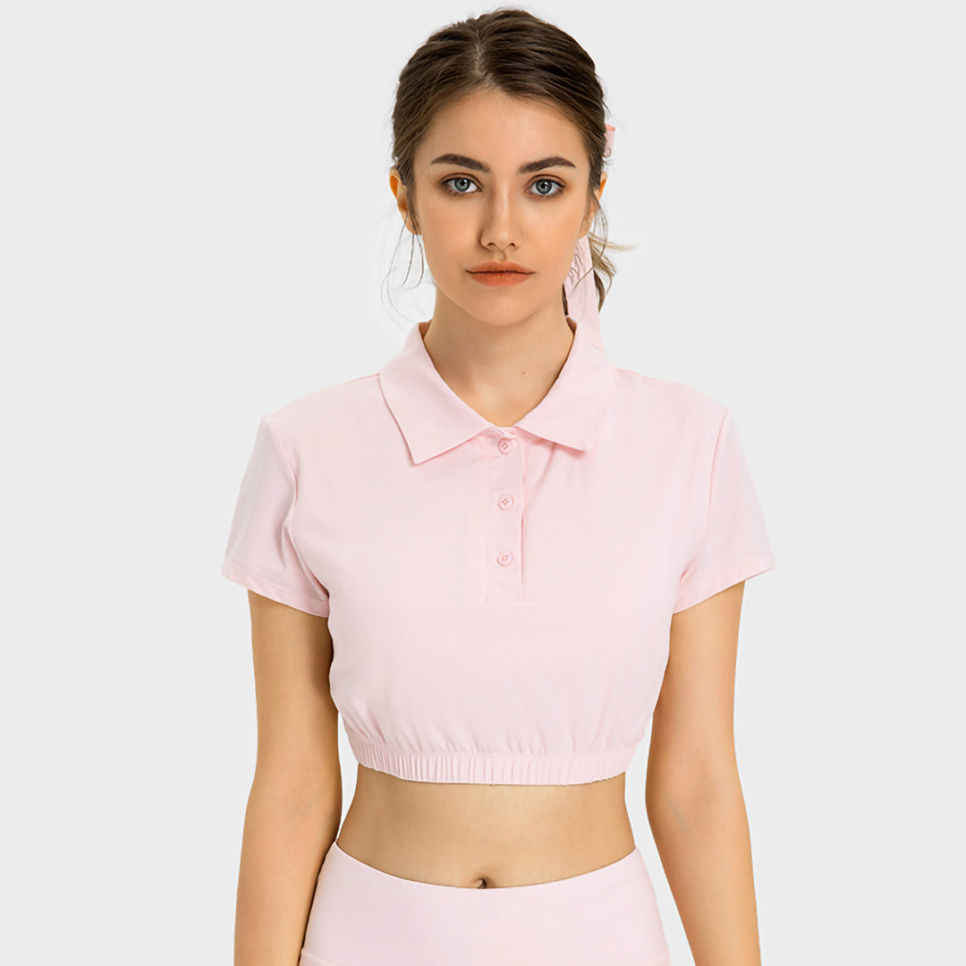 Lapel bottom cinched cropped polo shirt