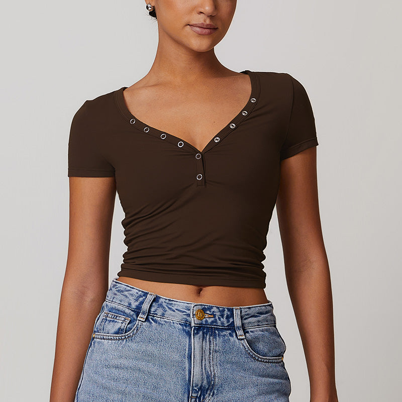 Breathable Buttons V Neck Short Sleeve Crop Top