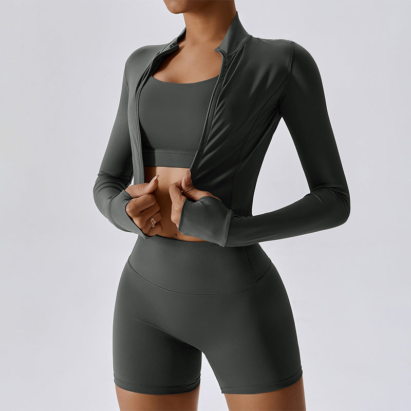 Breathable Yoga Bra + High-waisted Shorts + Jacket 3-piece Set