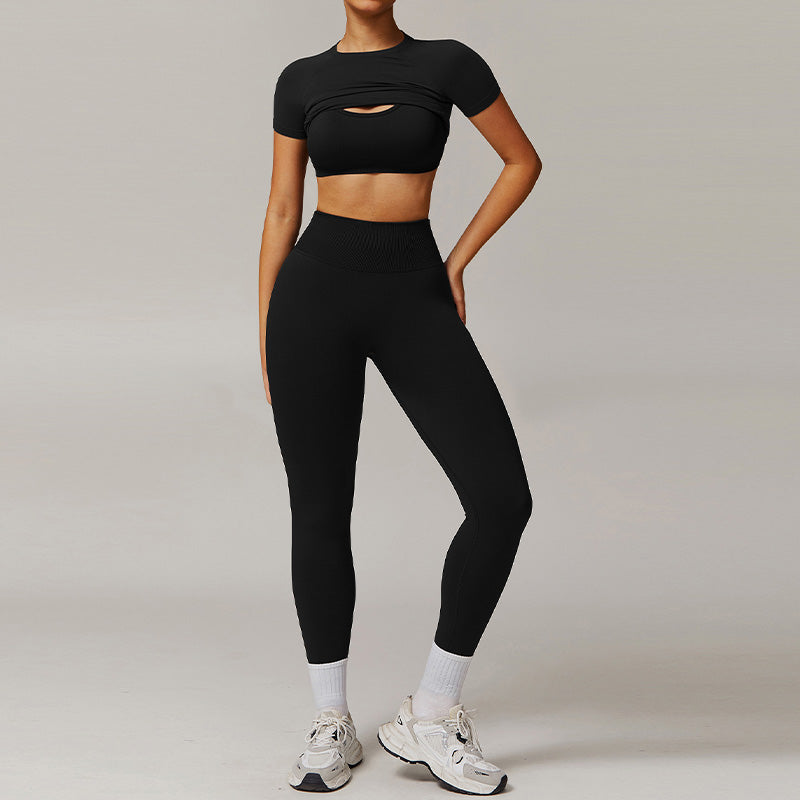 Threaded seamless short sleeve top+ bra+tight leggings 3 pieces set