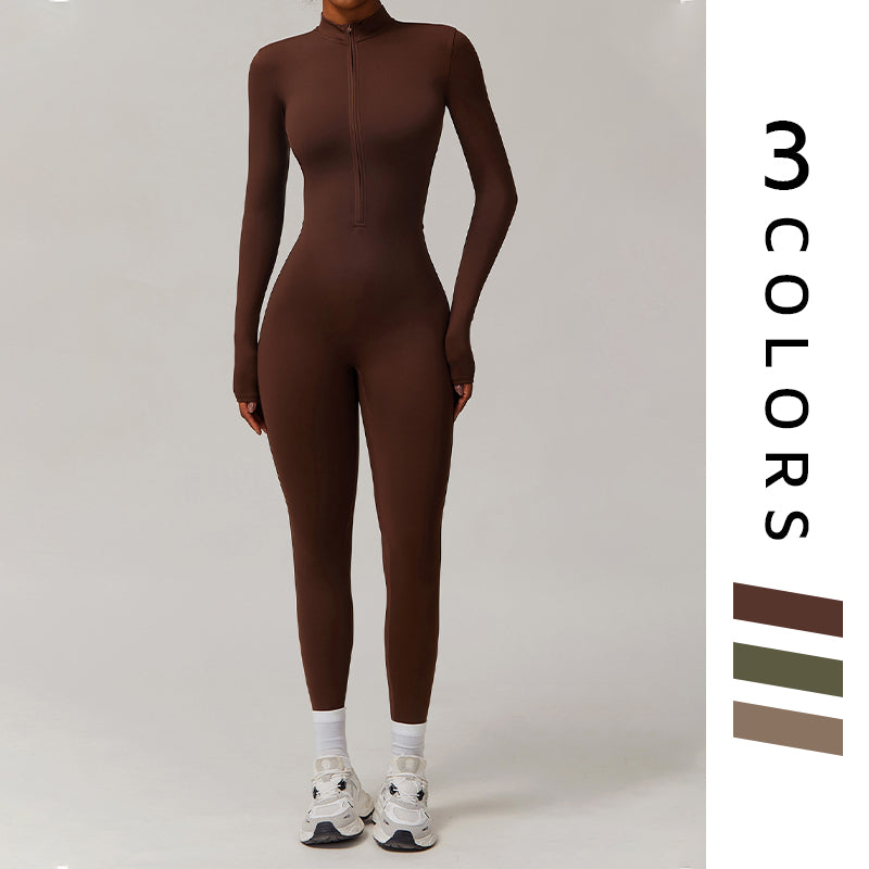 Nude Quick-Dry Stand Collar Zipper Fitness Jumpsuits