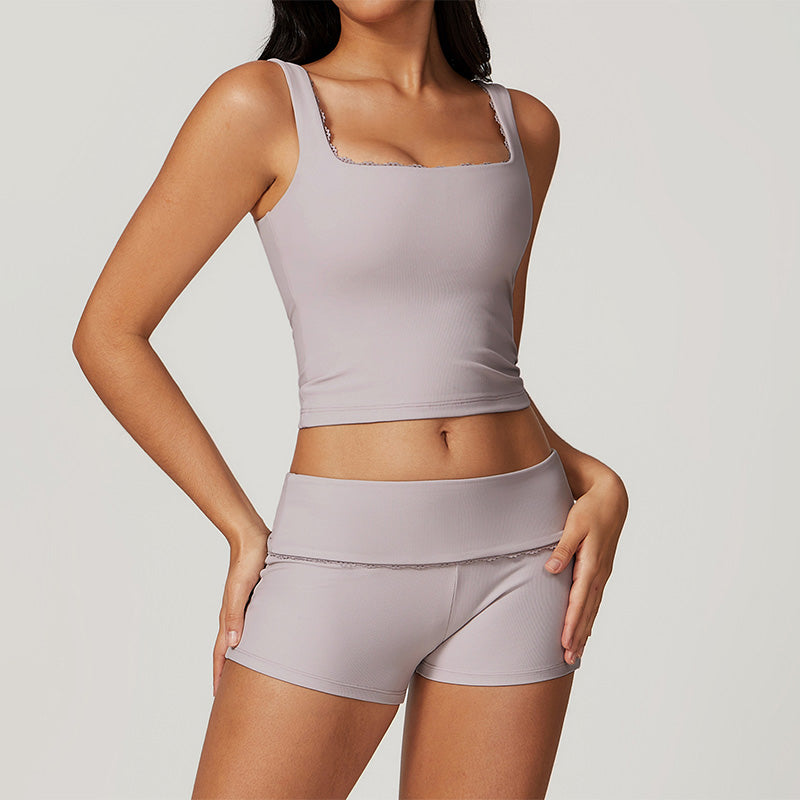 Lace-trimmed beauty back sports vest + shorts 2-piece set