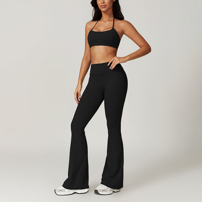 Quick Dry Halterneck Bra +Flare Leg Pants-2 Pieces Set