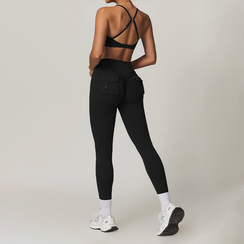 Ultra-Soft Cross-Back Gym Bra + Cargo Pocket Leggings-2 Pieces Set