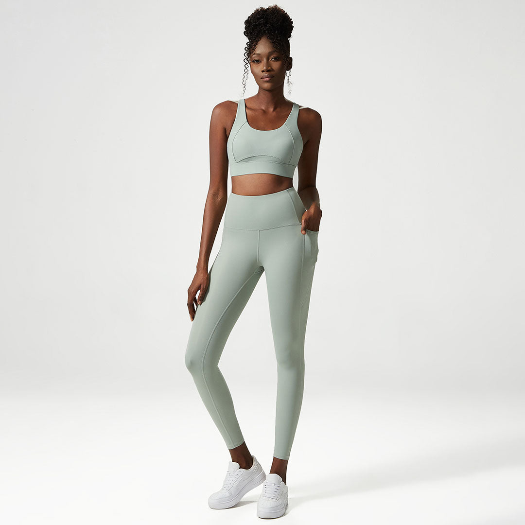 Back crossover solid sports bra + pants two-piece set