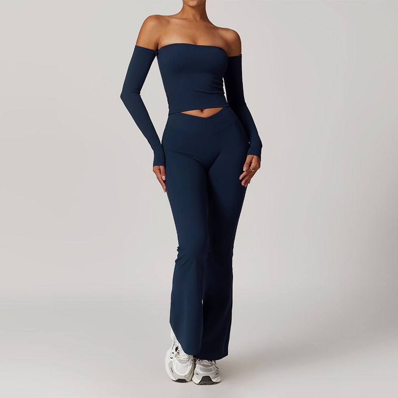 Brushed Off Shulder Long Sleeve Tube Top & High-Waist Flared Leg Pants Sets