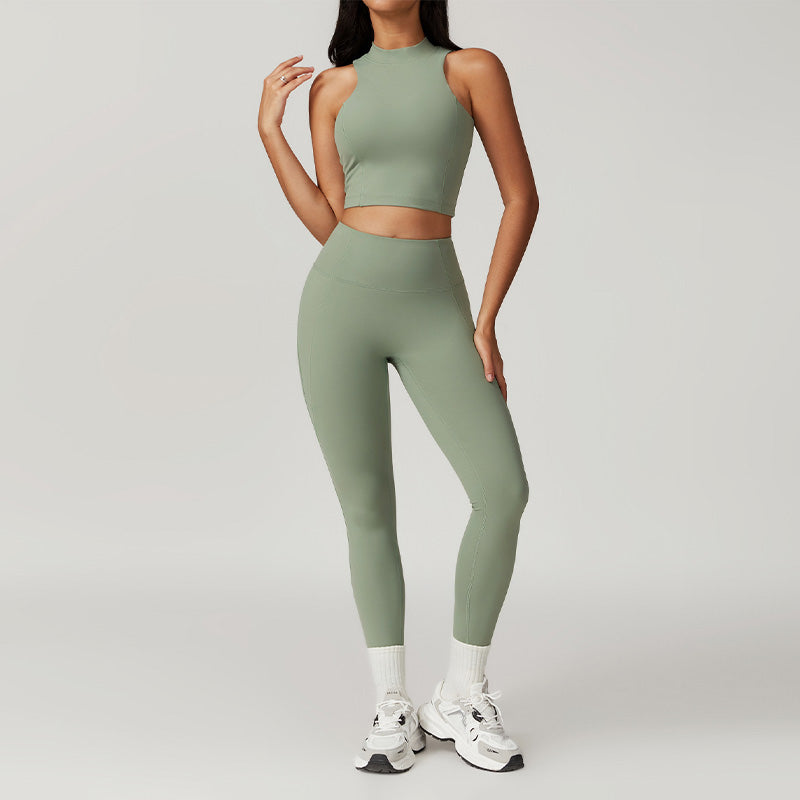 Solid Color Wide Strap Sports Tank Top + Leggings  2-piece Set