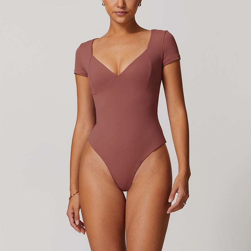 Quick-Dry V Neck Short Sleeve Thong Bodysuits