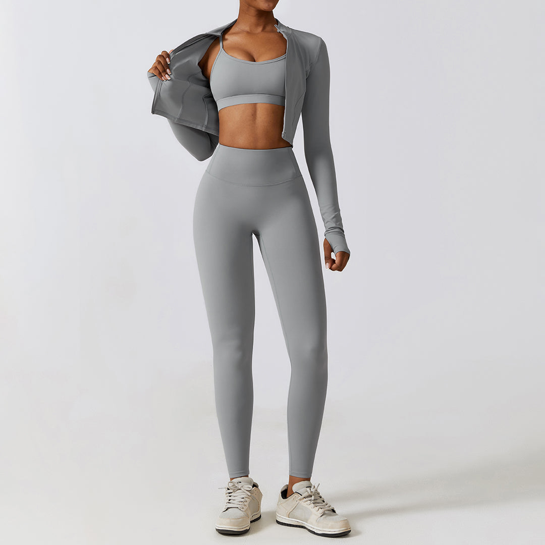 High waist elastic yoga jacket three-piece set