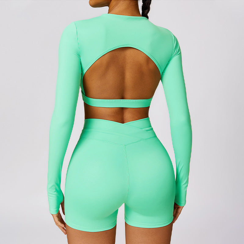 Quick-Dry long sleeve sports crop top + High waist shorts 2-pieces set