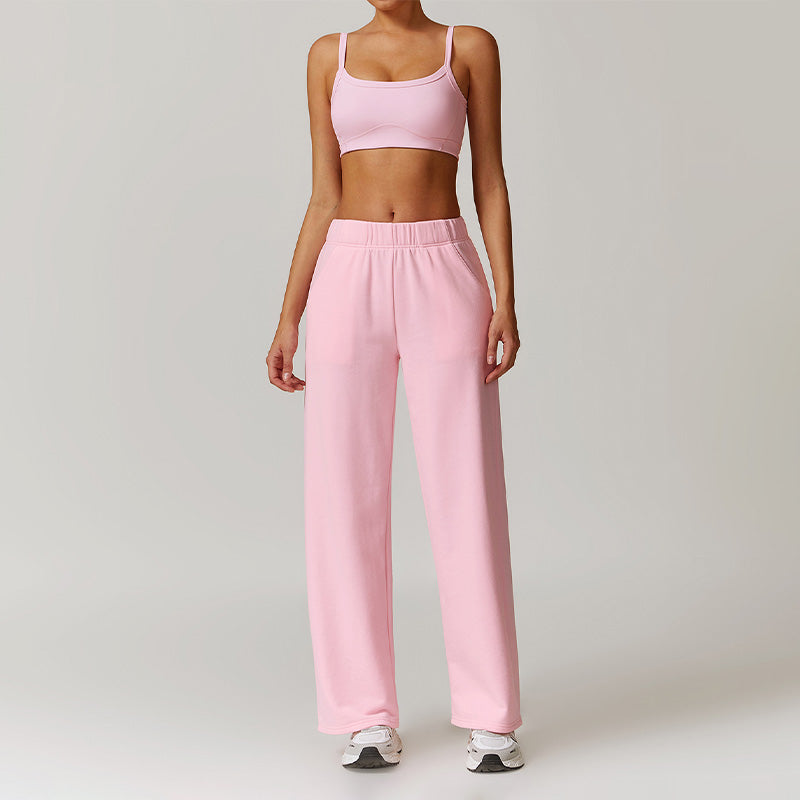 Casual high-waisted straight leg sweatpants and Ultra-Soft Sports Bra Set