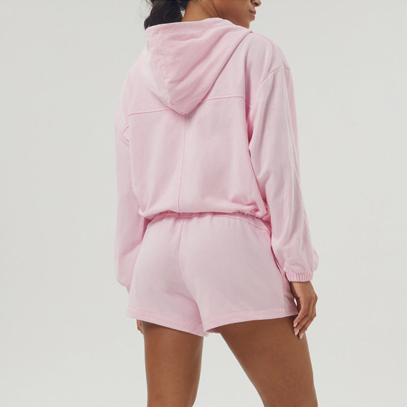 Fitness Loose Zipper Hooded Long Sleeve Sweatshirt + Shorts Set