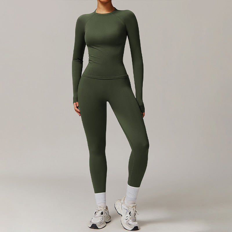 Threaded seamless long-sleeved top+ tight leggings 2 pieces set