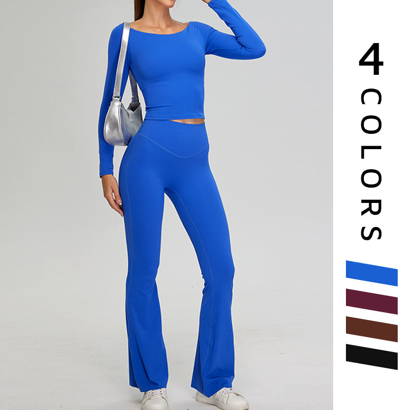 off shoulder long sleeve sports top + Flared Leg pants 2-piece set