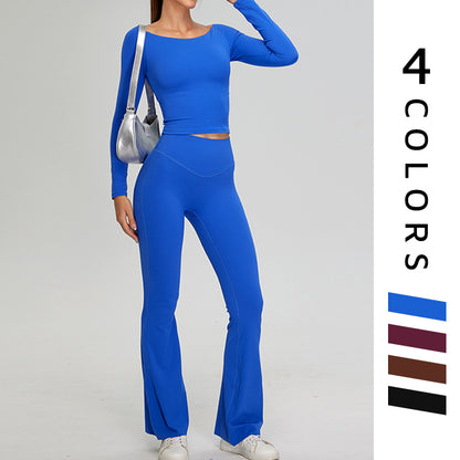 off shoulder long sleeve sports top + Flared Leg pants 2-piece set