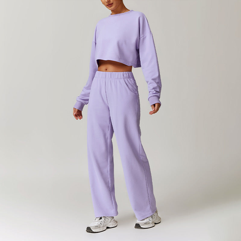 Casual high-waisted straight leg sweatpants and loose sweatshirts Set