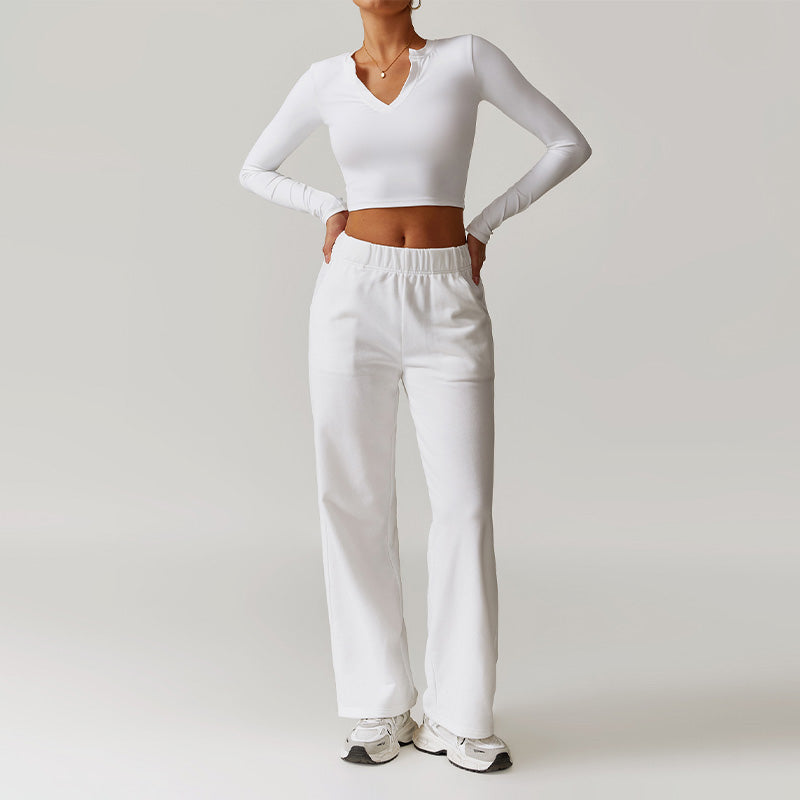 Casual high-waisted straight leg sweatpants and slimming long-sleeved Set