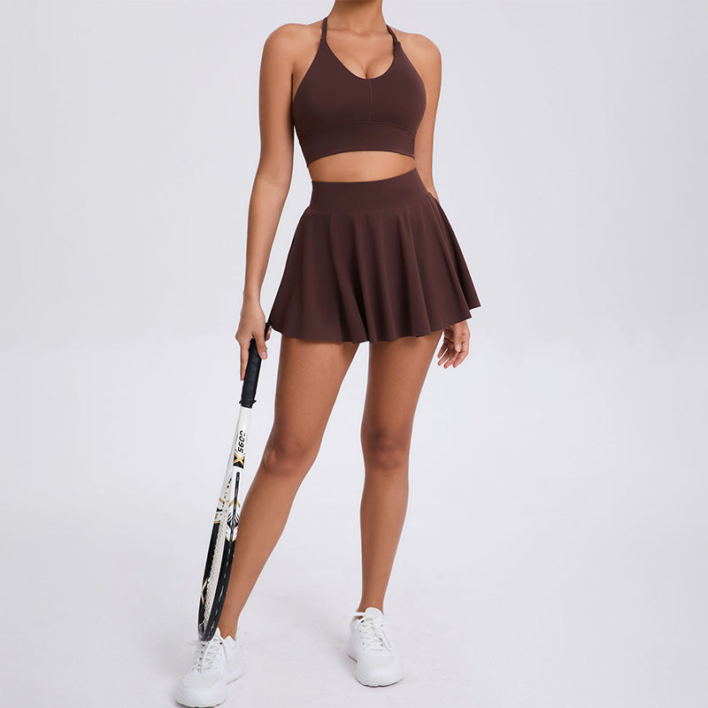 Nude Halter Sports Bra + Pleated Tennis Skirt 2-Piece Set