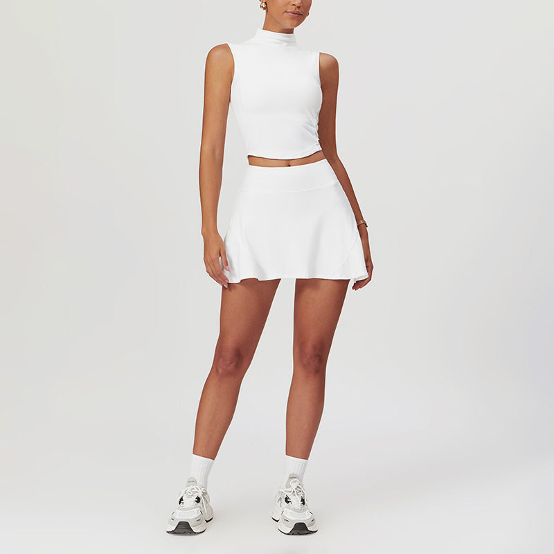 High Collar Sports Tank Top + Skinny Tennis Skirts 2 piece Set