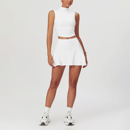 High Collar Sports Tank Top + Skinny Tennis Skirts 2 piece Set