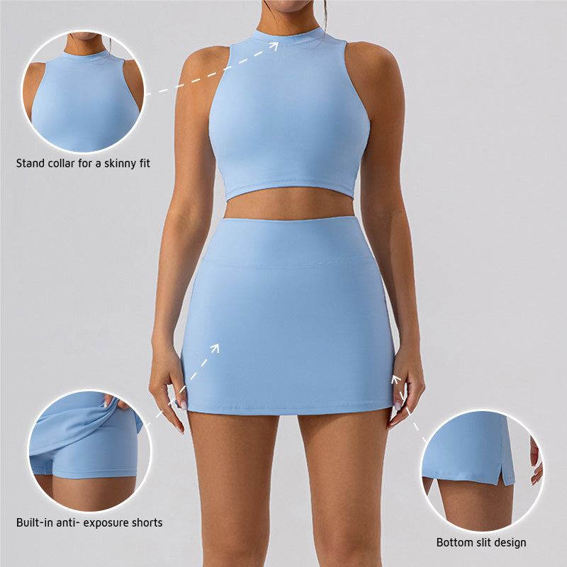 High-neck, breathable gym top & skirt sets