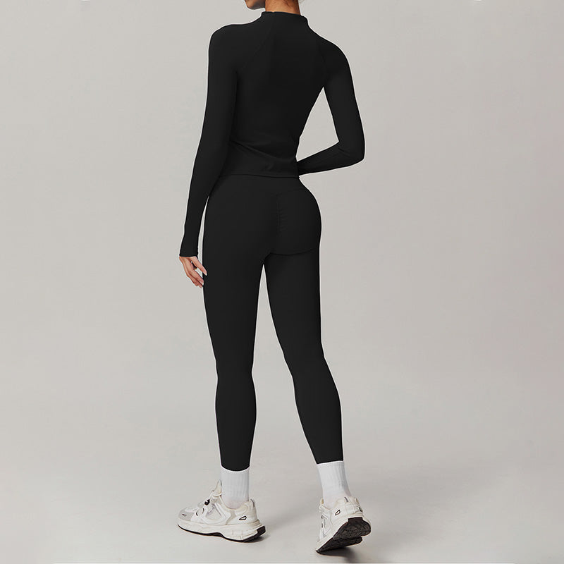 Stand collar zipper long sleeve jacket+High-waisted hip-lifting leggings 2 pieces set