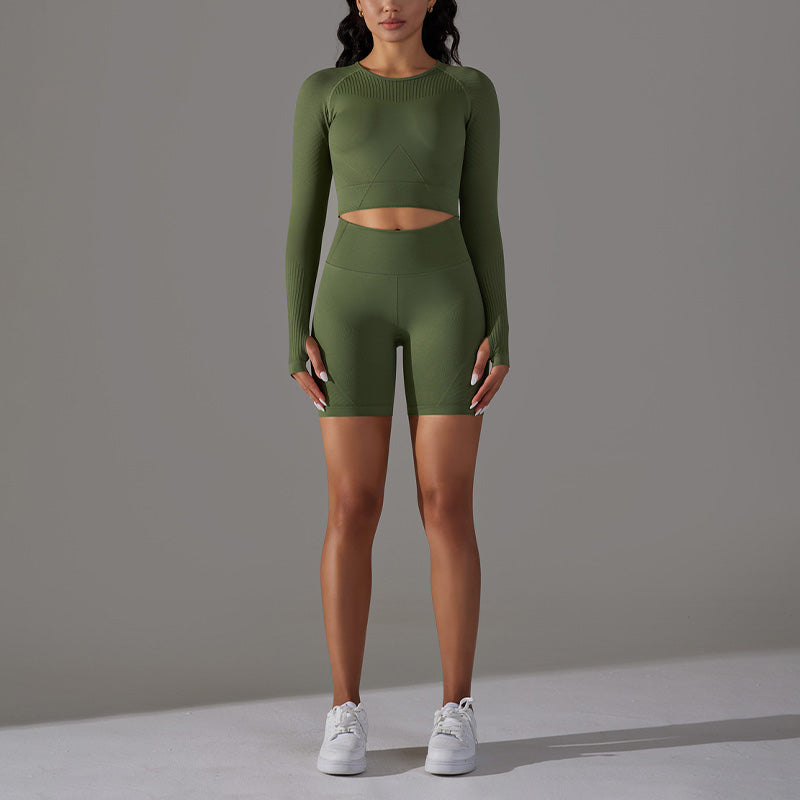 Seamless Knitting Sports Long Sleeve Top + High-Waisted Shorts Set