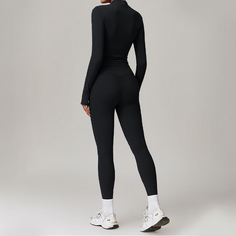 Fleece Long Sleeve Full Zipper Fitness Tops + High waist leggings set