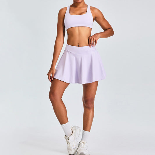 Breathable Cross Back Sports Bra + Pleated Tennis Skirt 2-Piece Set