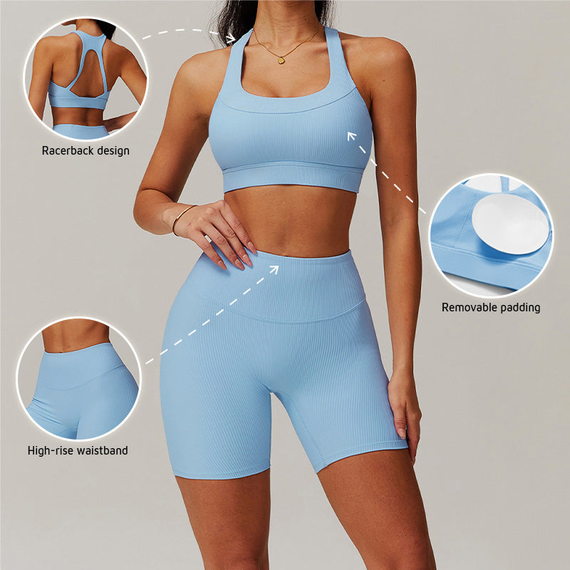 Quick-Dry Racerback Sports Bra + High-Waist Shorts 2-Piece Set