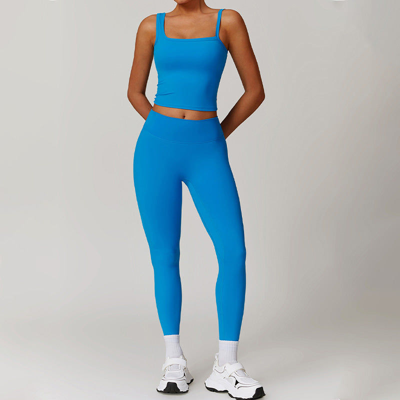 Brushed Asymmetric straps sports tank top + High-waist leggings 2-piece set