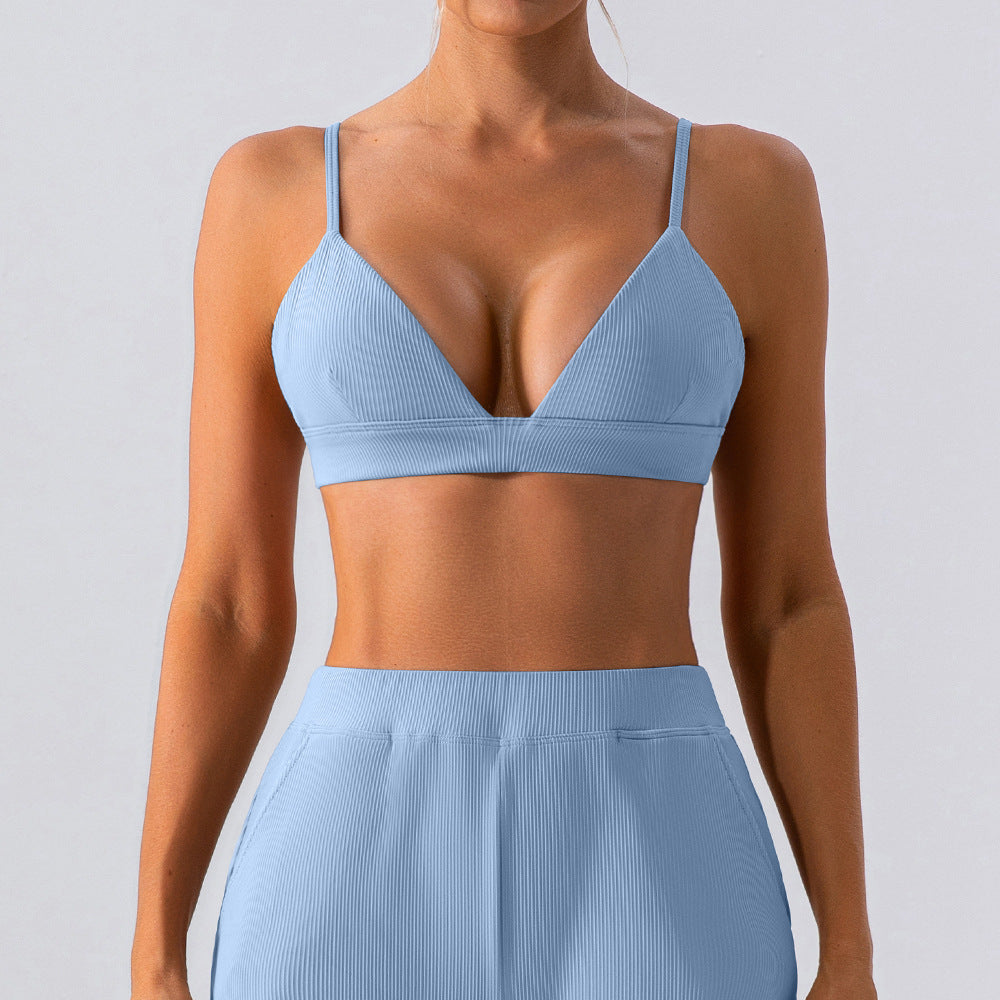 Solid color threaded suspender sports bra