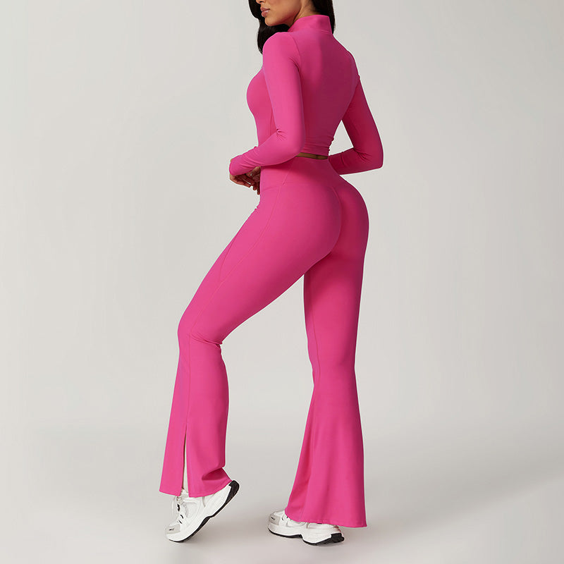 Breathable Solid Color Half Zipper Sports Long Sleeve + Flared Leg Pants 2-piece Set