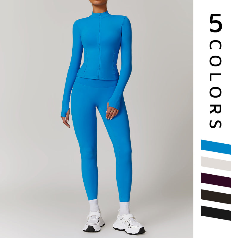 Long Sleeve Full Zipper Fitness jacket + High waist leggings 2-piece set