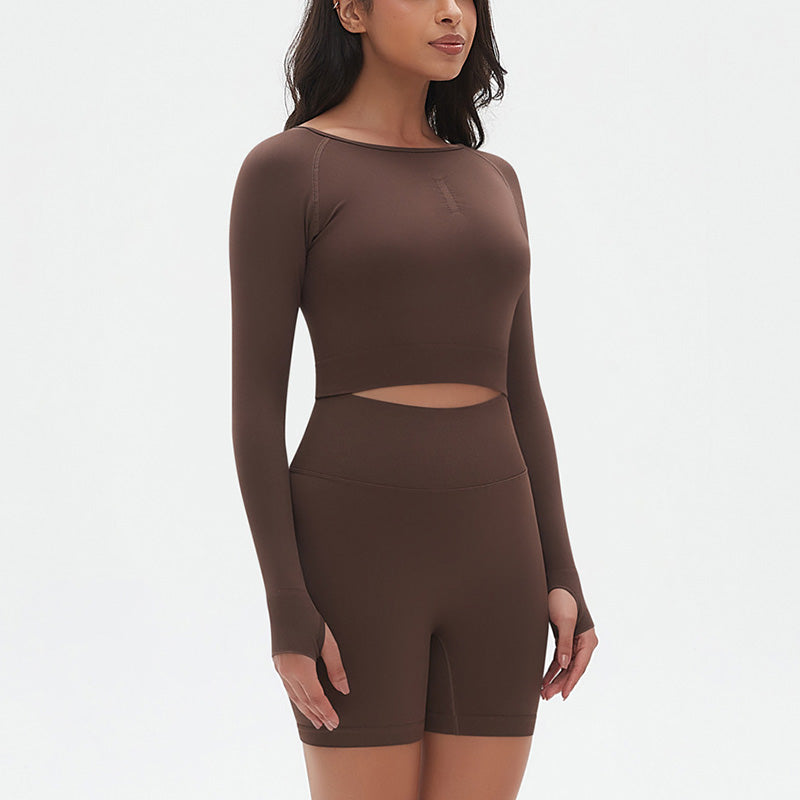 Seamless Sports Long Sleeve Top + High-Waisted Shorts Set