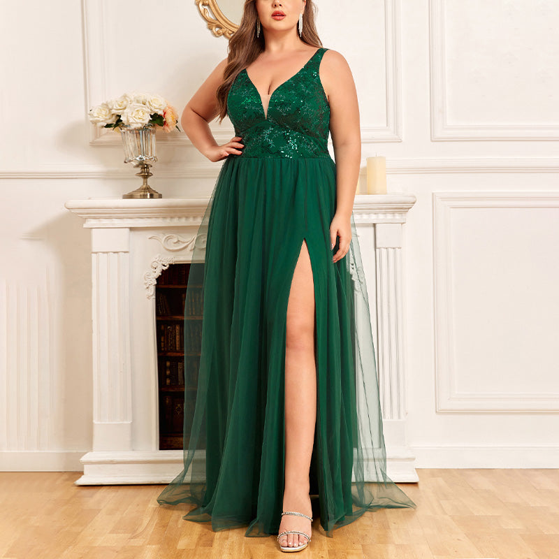 Plus size backless high slit mesh Maxi  dress