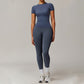 Threaded seamless short sleeve top+ tight leggings 2 pieces set