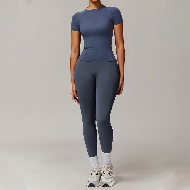 Threaded seamless short sleeve top+ tight leggings 2 pieces set