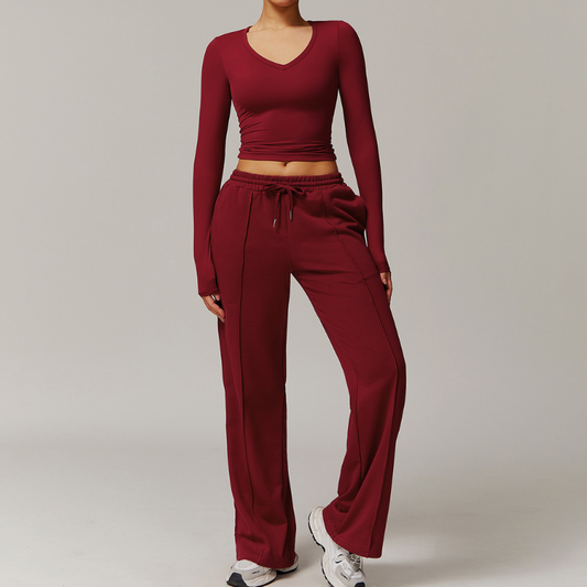 High resilience Long Sleeve V Neck Top+ Casual Straight Leg Sweatpants