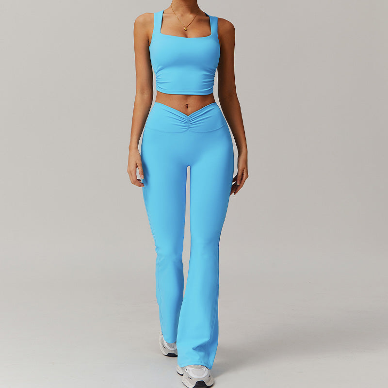 Breathable tight back tank tops+High-waisted hip-lifting bell-bottom leggings 2 pieces set