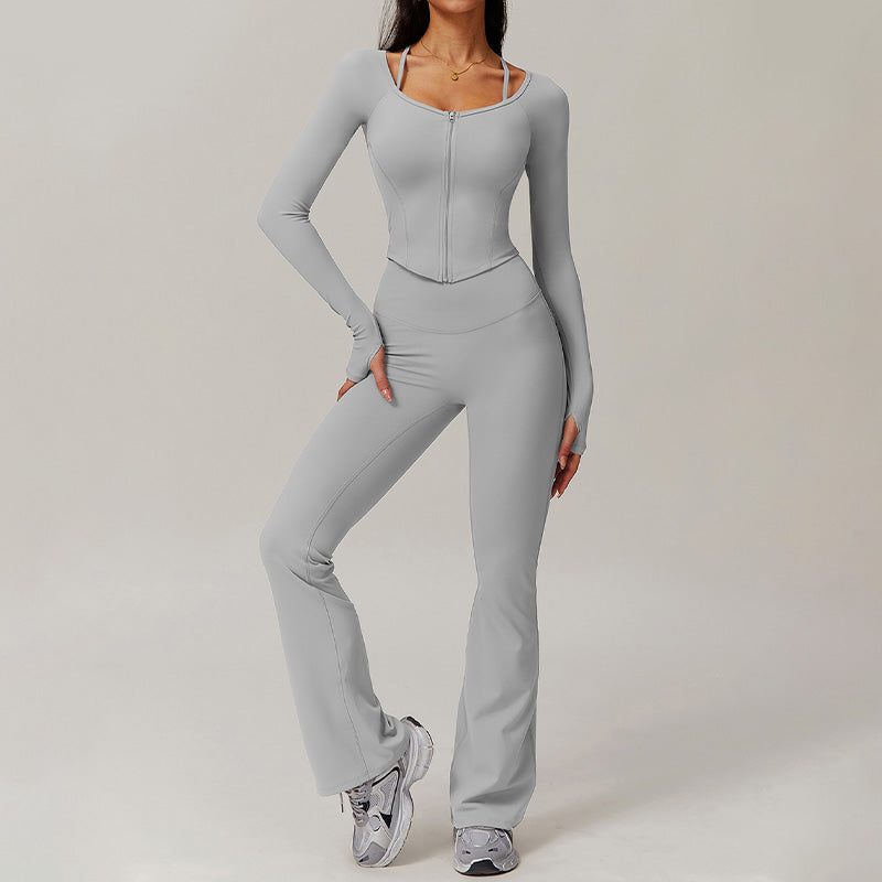 Long Sleeve Fitness jacket + Flared Leg pants 2-piece set