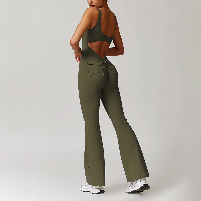 Hollow Back Yoga Jumpsuit with Cargo Pockets