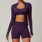 stand collar Full Zipper Fitness jacket + High waist shorts set