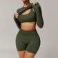 Threaded seamless long-sleeved top+bra+ high waist shorts 3 pieces set