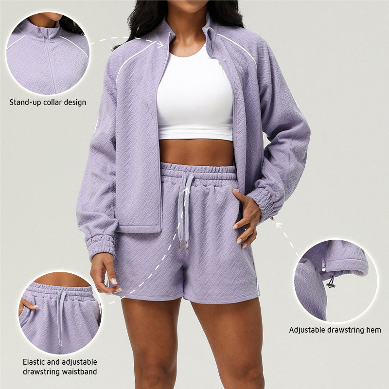 Casual stand collar contrasting color jackets + Fitness shorts 2 piece set