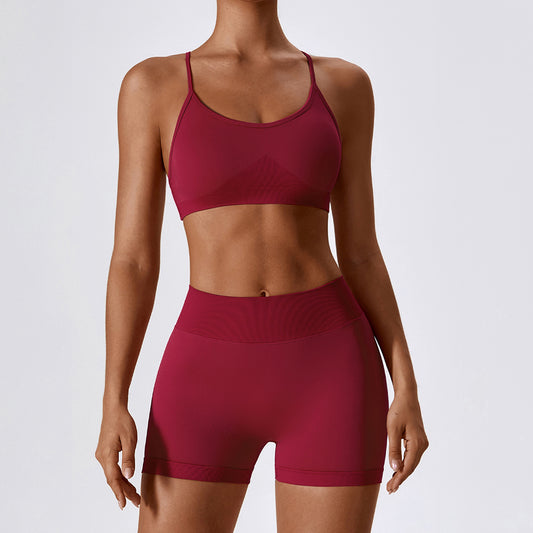 Ensemble 2 pièces soutien-gorge et short de cross training sans couture dans le dos