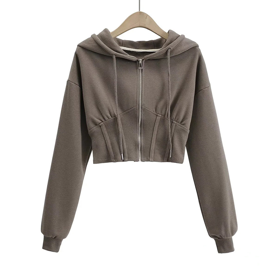 Casual Drawstring Zip Cropped Sports Hooded Jacket