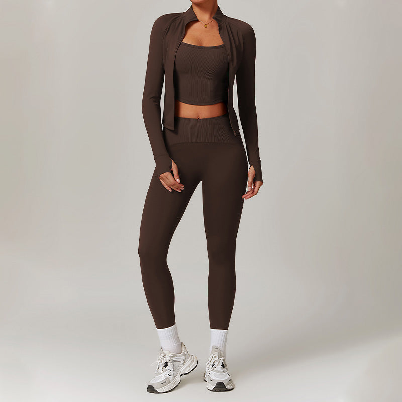 Long Sleeve Full Zipper Fitness Top + High waist leggings 2-pieces set