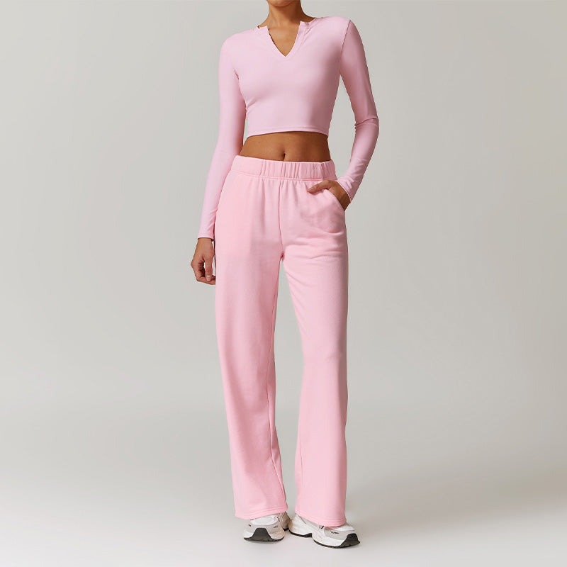 Casual high-waisted straight leg sweatpants and slimming long-sleeved Set