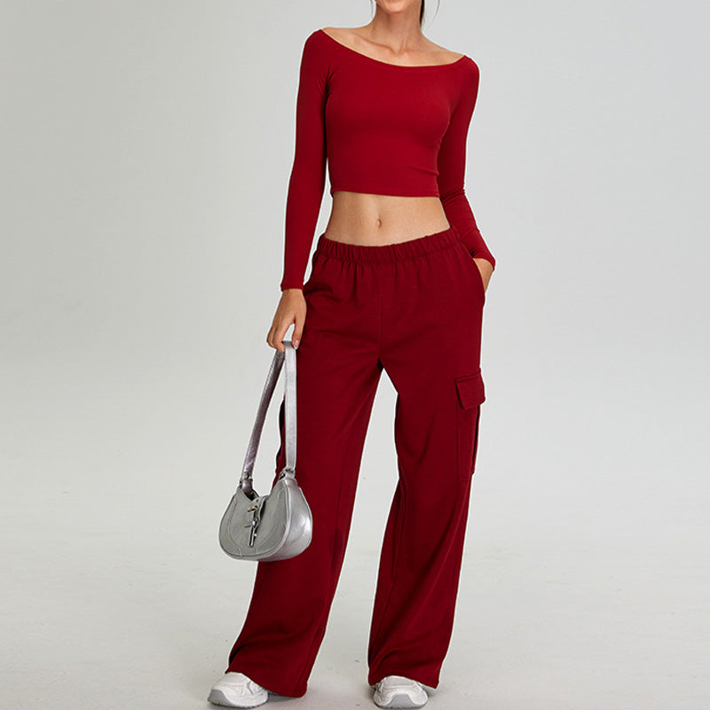 off shoulder long sleeve sports top + Straight Leg Cargo pants 2-piece set